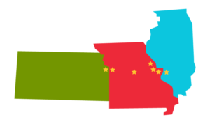 Outlined map of Kansas, Missouri and Illinois with stars in the greater Kansas City and St. Louis areas and in central Missouri